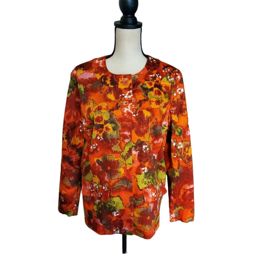 Chico's Red & Orange Cotton Stretch Floral Lined Jacket Sz 2 or L NWOT